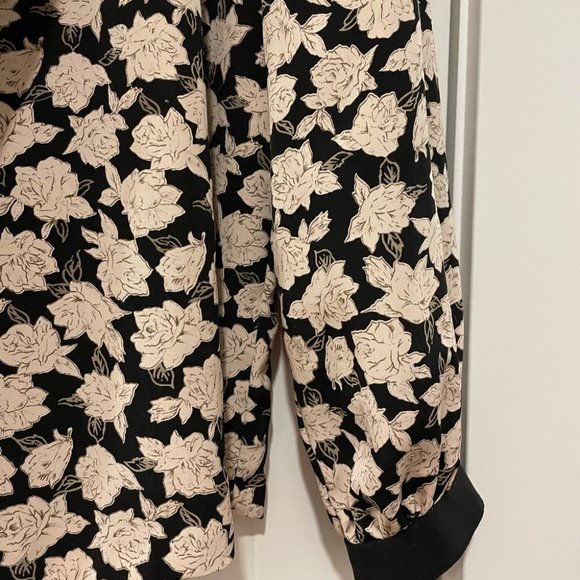 VINTAGE Black Cream Floral Print Shoulder Pad Jacket Blouse Large - Picture 11 of 15